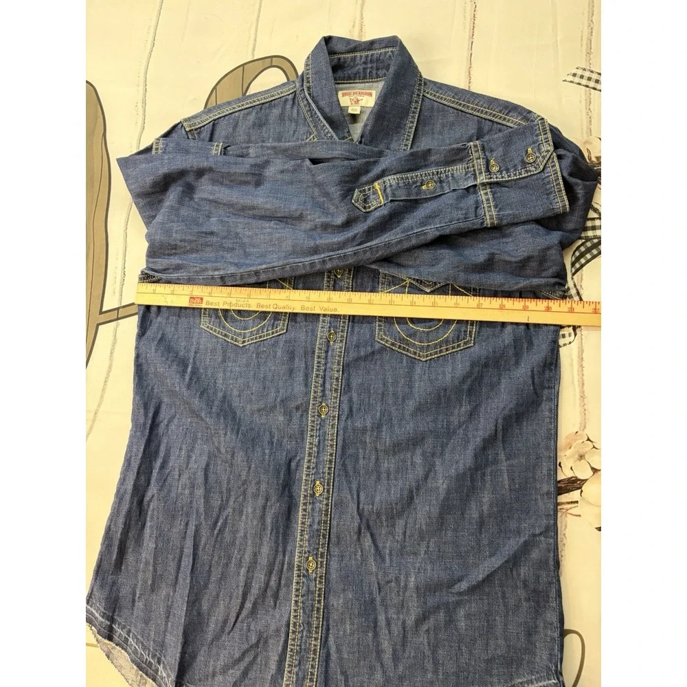 True Religion Mens Dark Wash Denim Western Shirt Pearl Snap Horseshoe Stitching